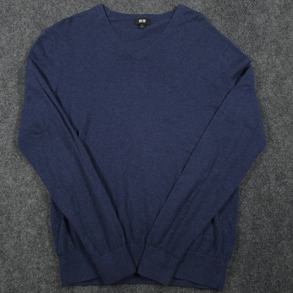 Uniqlo Sweater Mens S Blue Cotton Cashmere Blend V-Neck Pullover Preppy